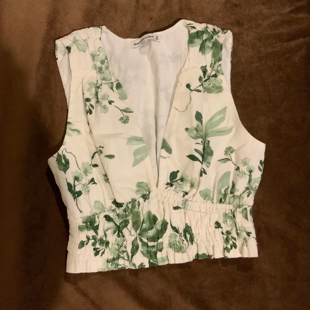 Abercrombie & Fitch White Green M Linen/Cotton Top Cropped Coquette Scandi Girl - Picture 2 of 9